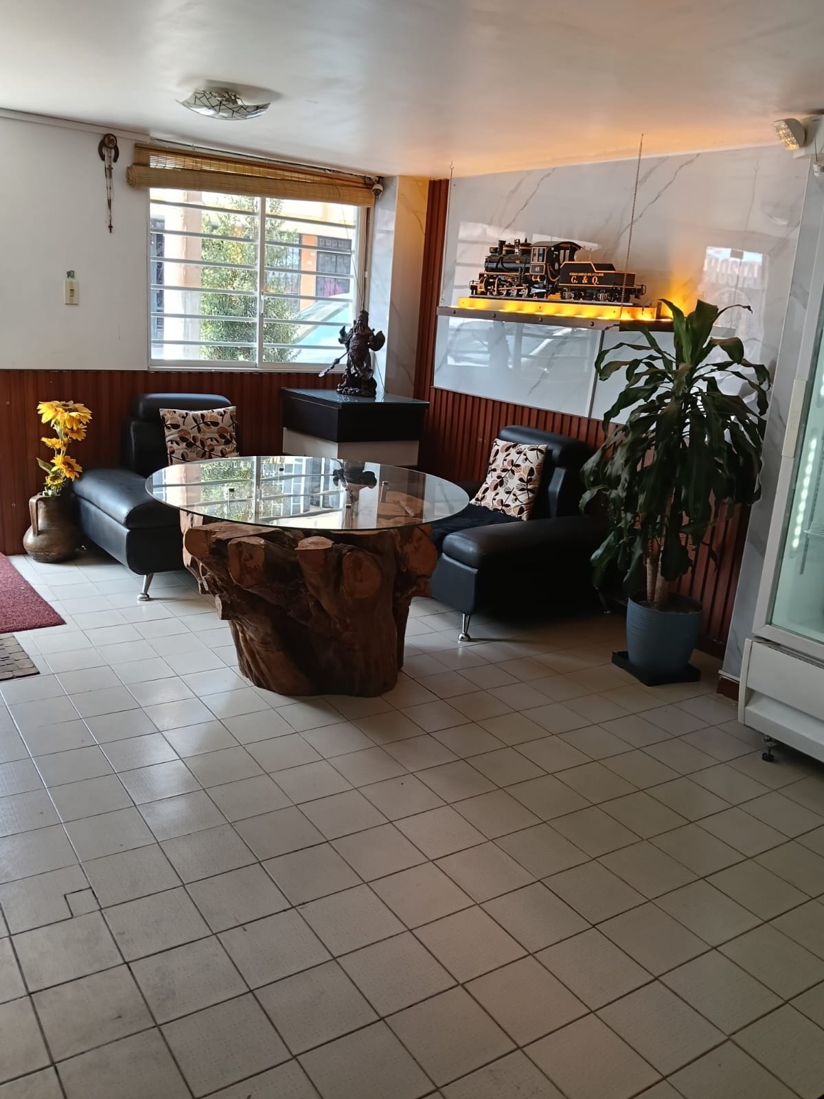 A living room with a glass coffee table, two sofas, a large potted plant, and a decorative shelf.