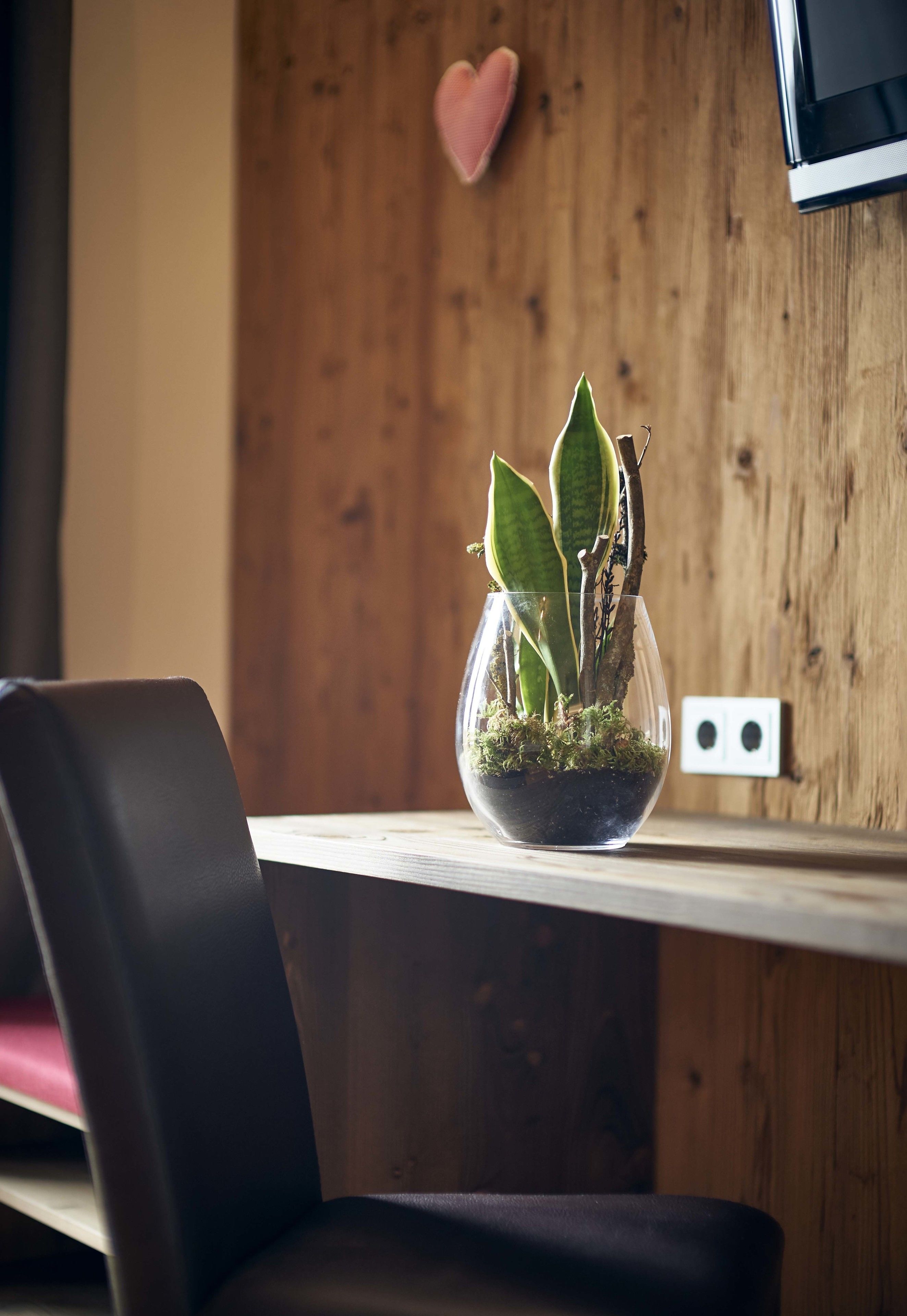 Una planta en test amb un escriptori de fusta i una decoració en forma de cor a la paret.
