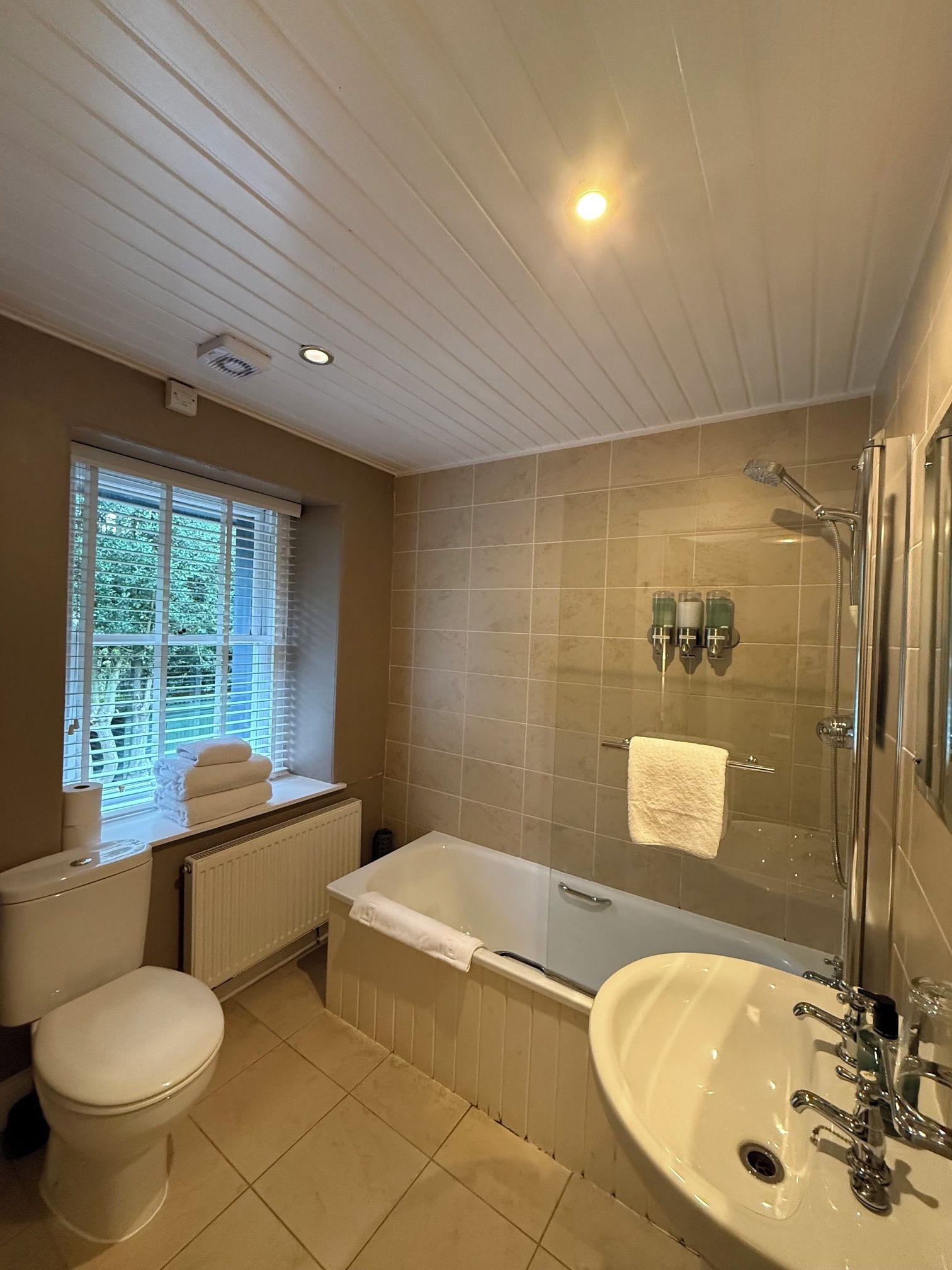 A bathroom with a toilet, a bathtub, a sink, and a shower.