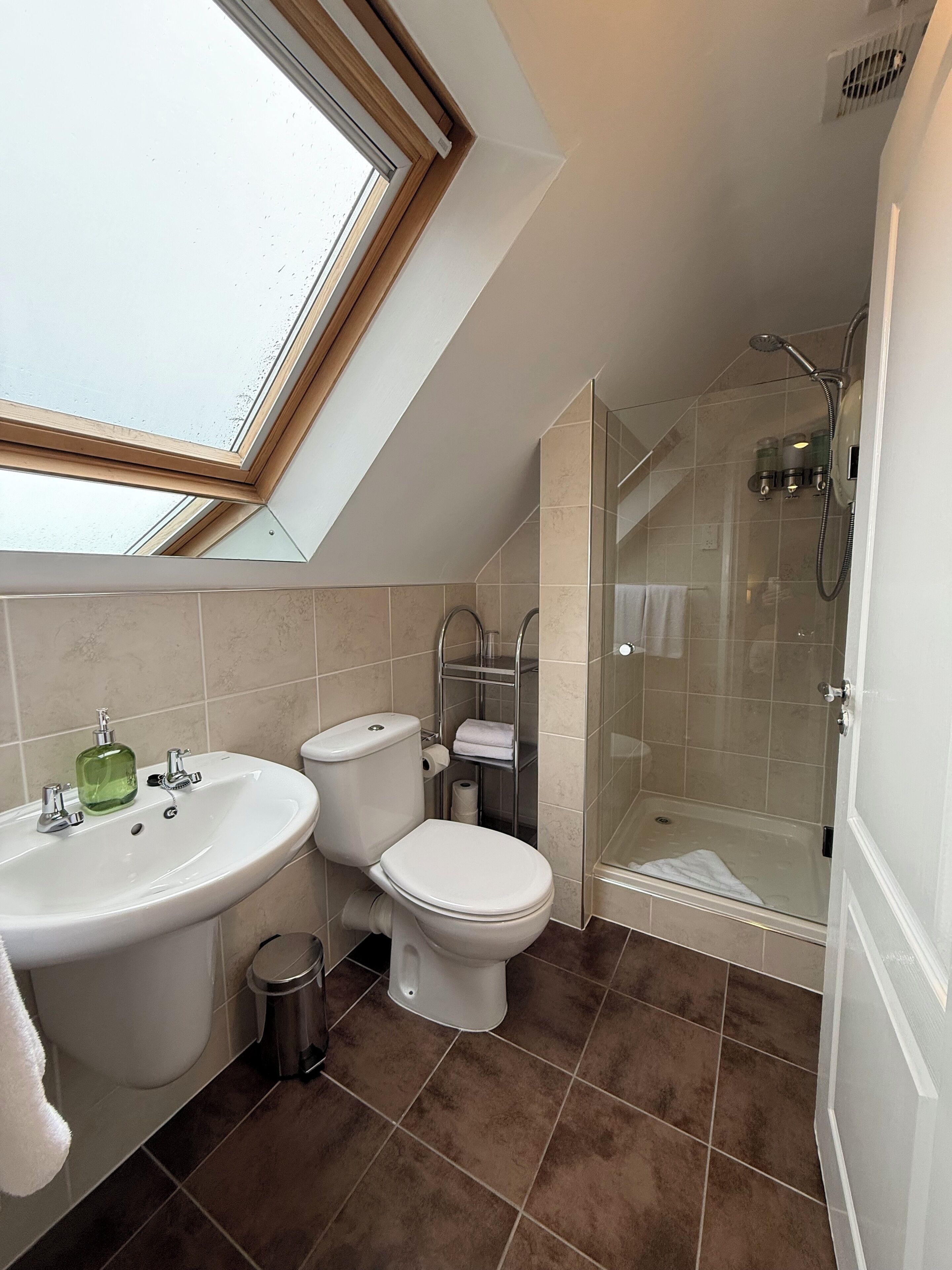 A modern bathroom with a skylight, a shower, and a toilet.