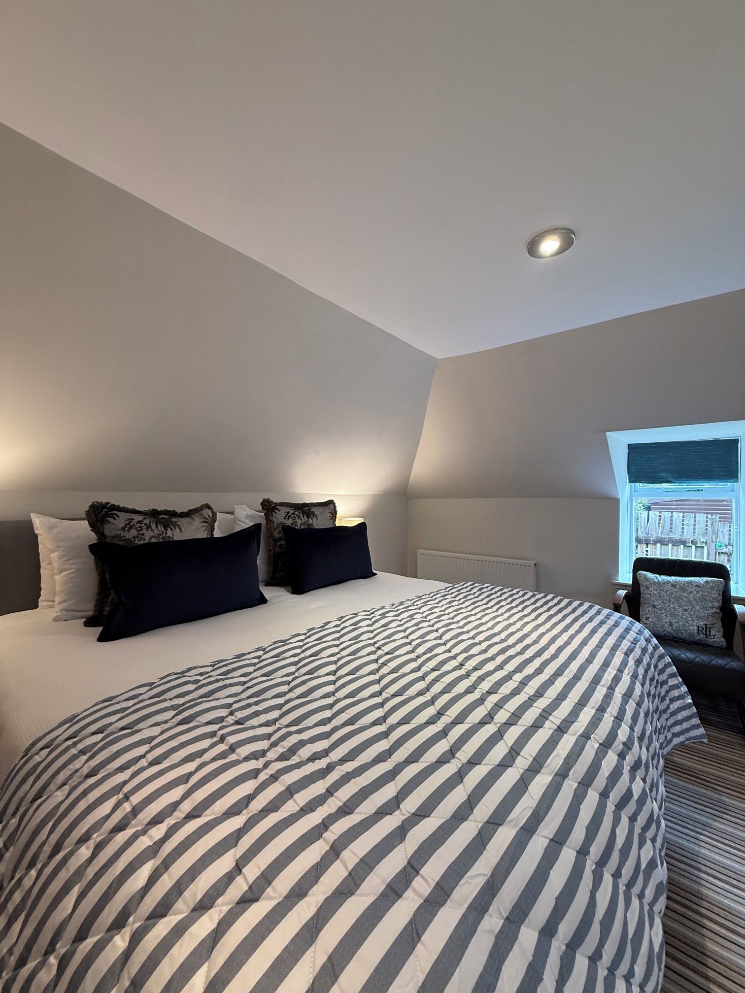 A bedroom with a large bed, a window with a view, and a ceiling light.