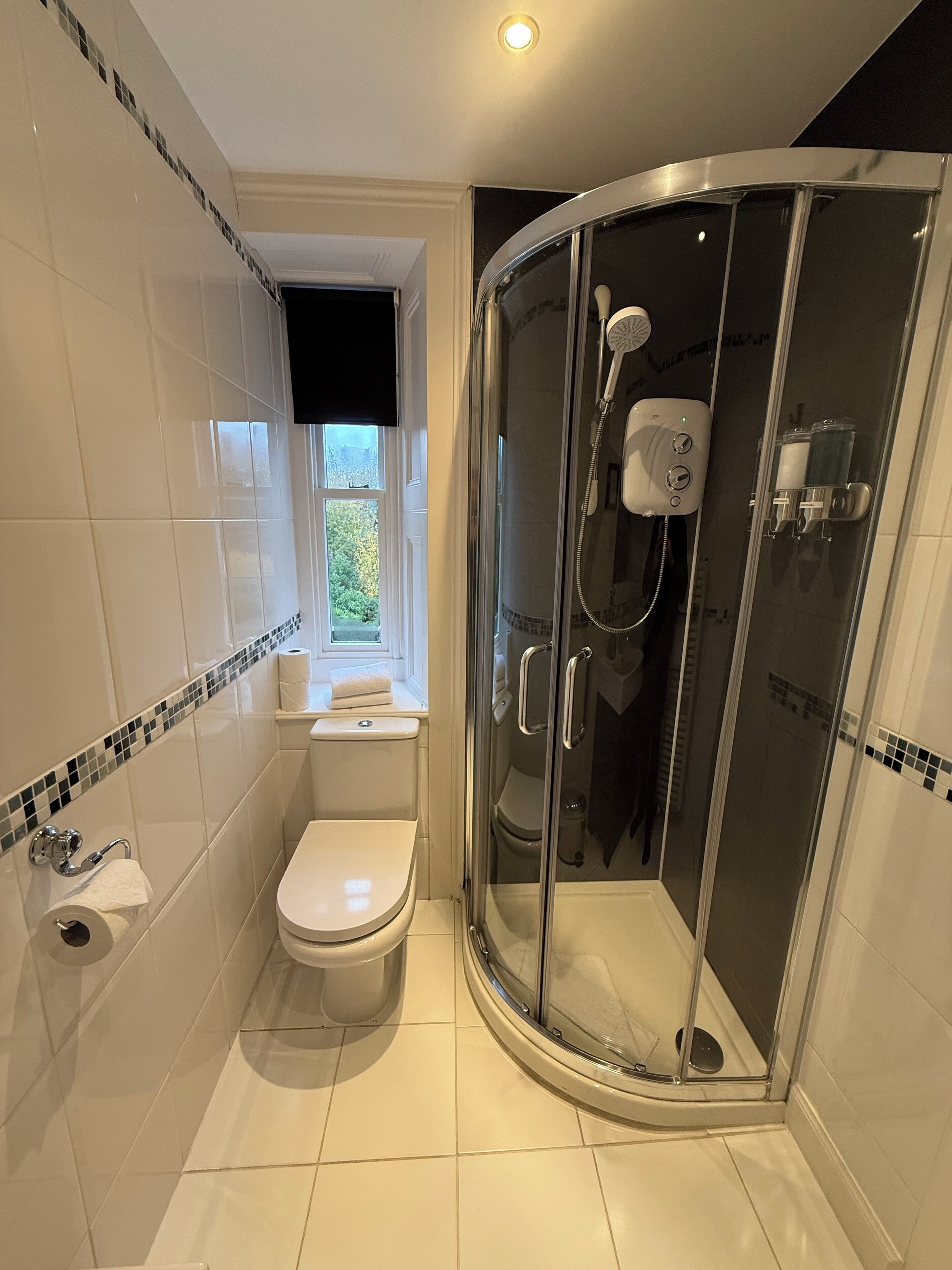 A modern bathroom with a toilet, a glass-enclosed shower, and a window with a view.