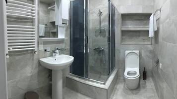 Hair dryer, towels, shampoo, toilet paper