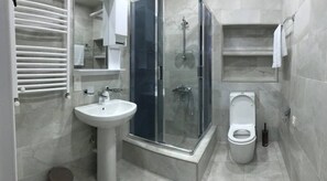 Hair dryer, towels, shampoo, toilet paper