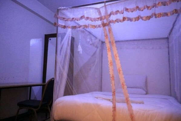 A room with a bed under a canopy, a chair, and a wall-mounted mirror.