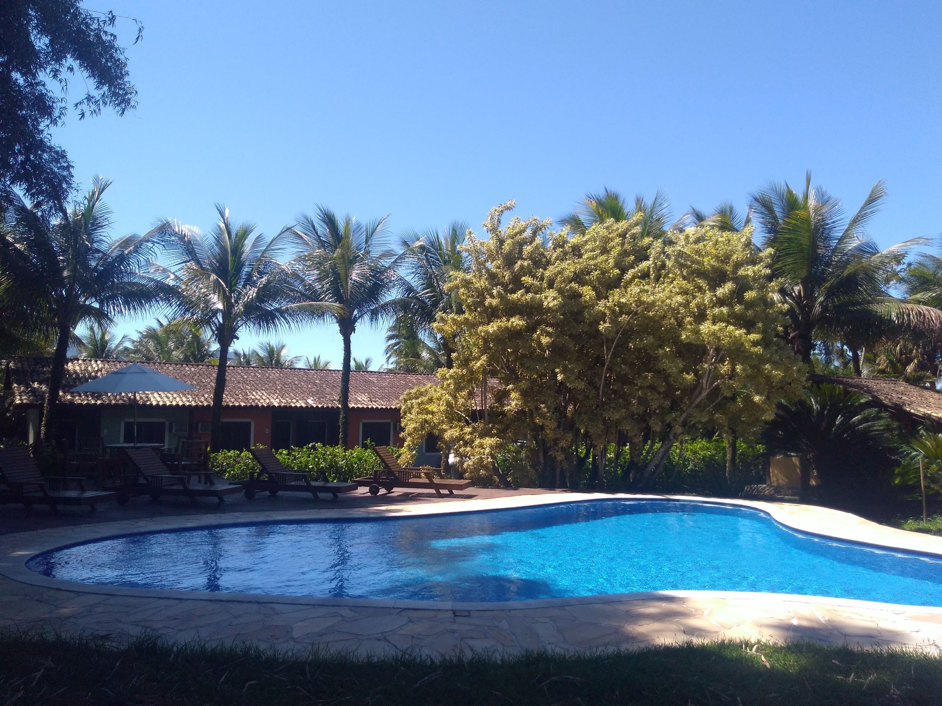 Een buitenzwembad en ligstoelen