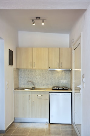 Superior Room | Private kitchen | Fridge, stovetop, electric kettle, cookware/dishes/utensils - Fengeros Village (Skiathos)