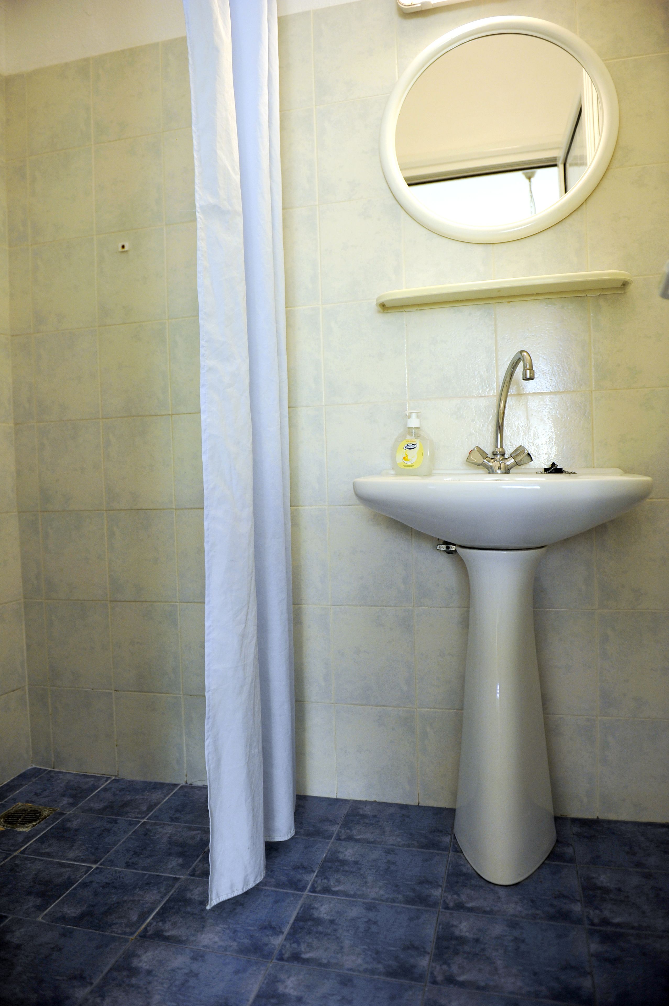 Een badkamer met een witte wastafel, een spiegel, een douchegordijn en een zeepfles.