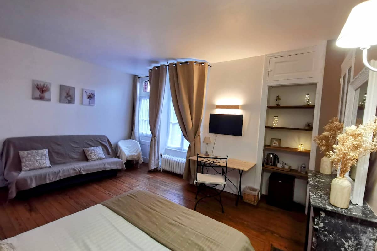 Une chambre à coucher comprenant un lit, un canapé, un bureau avec une chaise, une télévision et un radiateur.