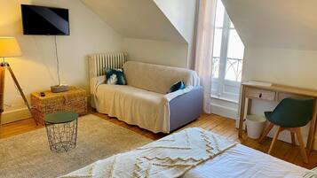 Une chambre confortable avec un lit, un canapé, un bureau et une télévision.