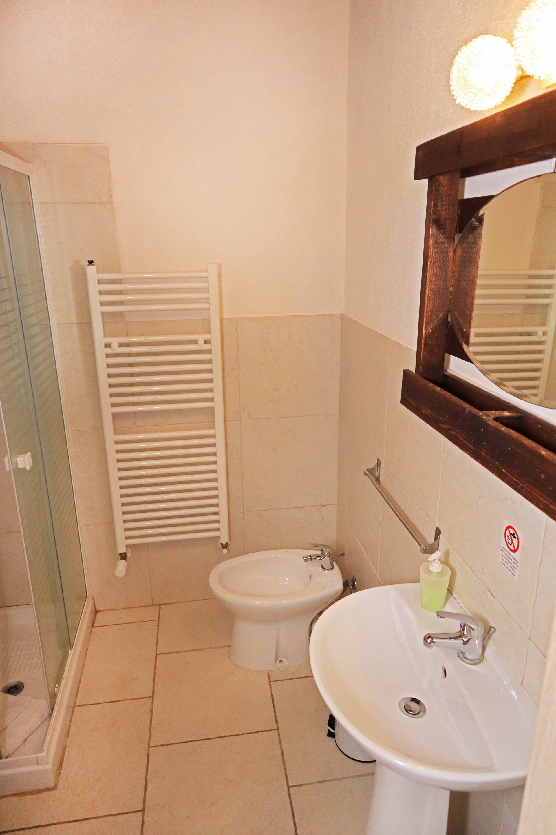 A bathroom with a shower, bidet, sink, and mirror.