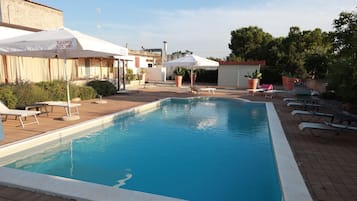 Seasonal outdoor pool, pool umbrellas, pool loungers