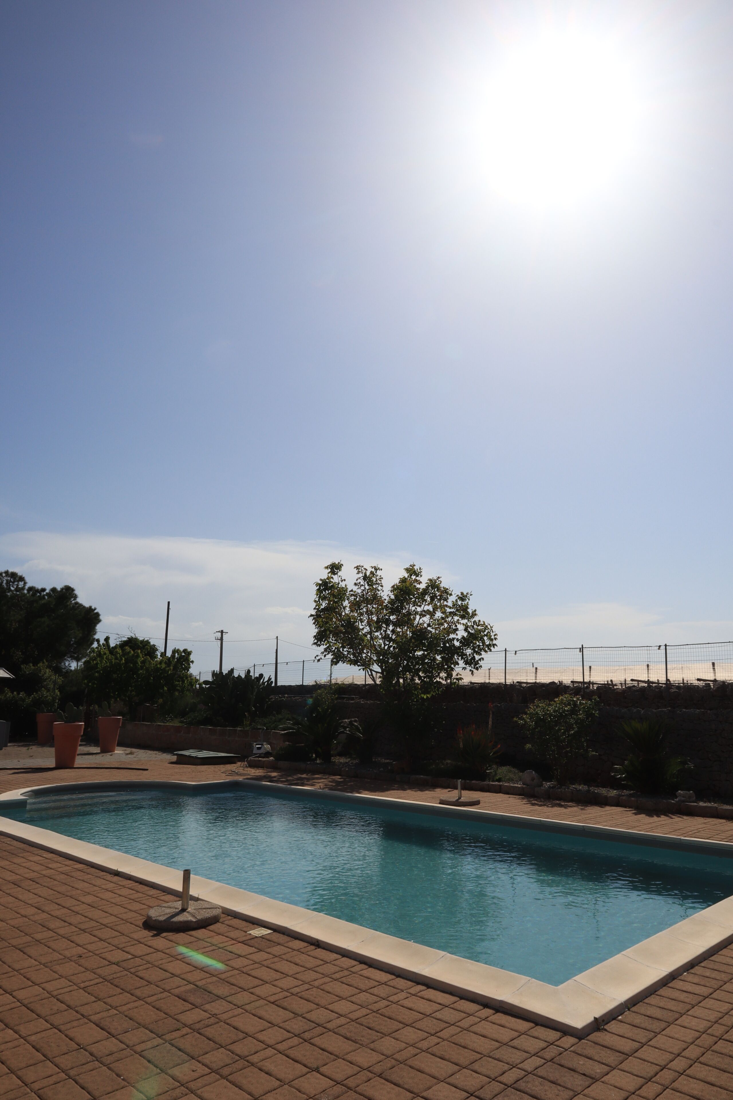 Ein Schwimmbecken mit einer gefliesten Terrasse, umgeben von Grünpflanzen und einem Zaun.