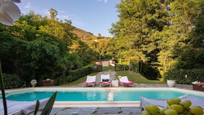 A swimming pool with lounge chairs and a stone pathway leading to a house. - Il Castagno (Camaiore)