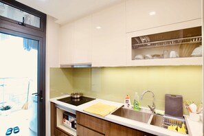 Fridge, microwave, oven, electric kettle