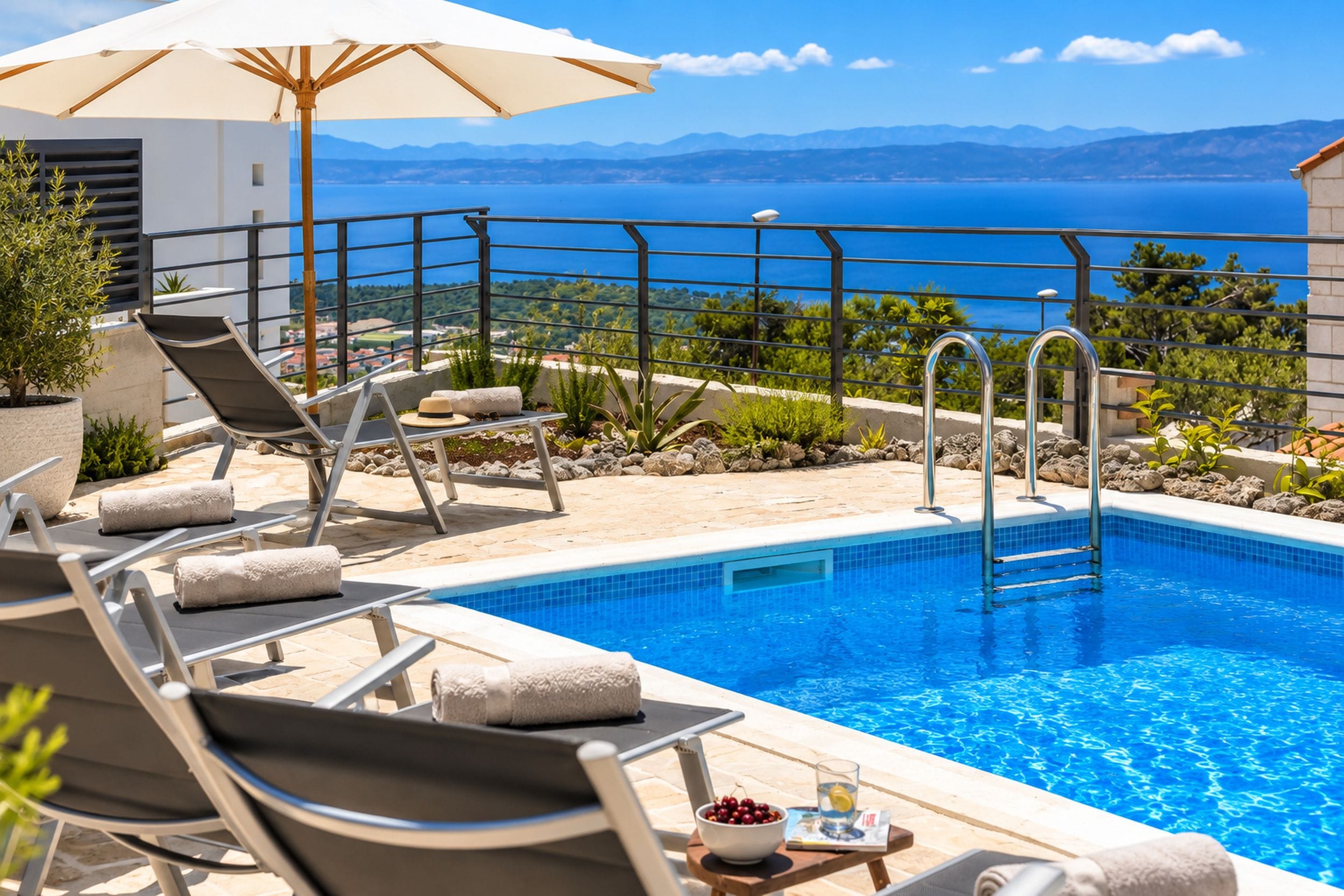 A pool area with lounge chairs, a sun umbrella, and a view of the sea.