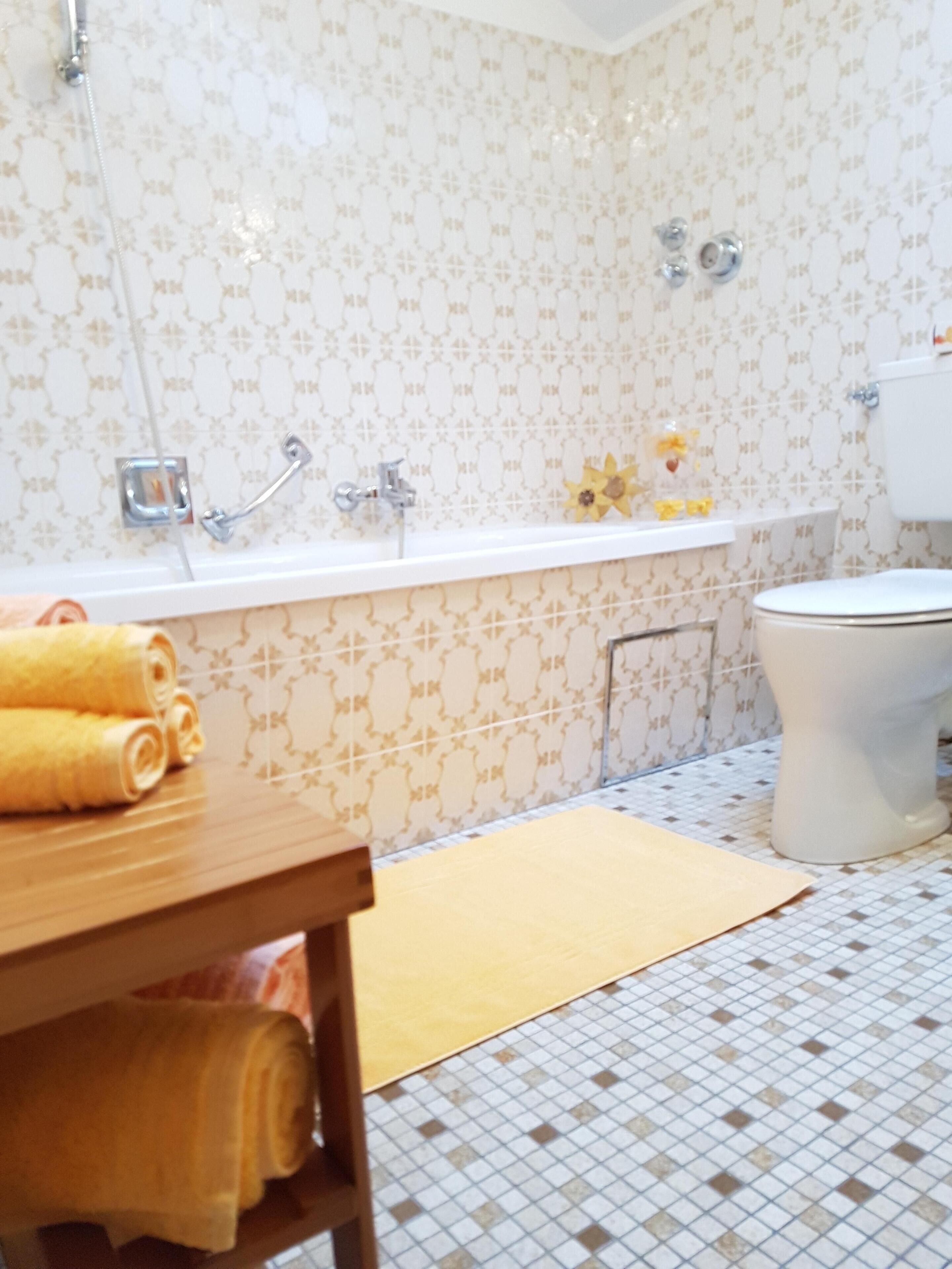 Hair dryer, towels, soap, toilet paper
