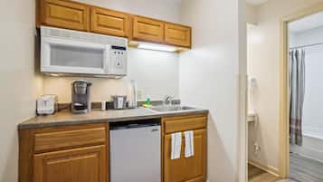 Mini-fridge, microwave, coffee/tea maker, toaster