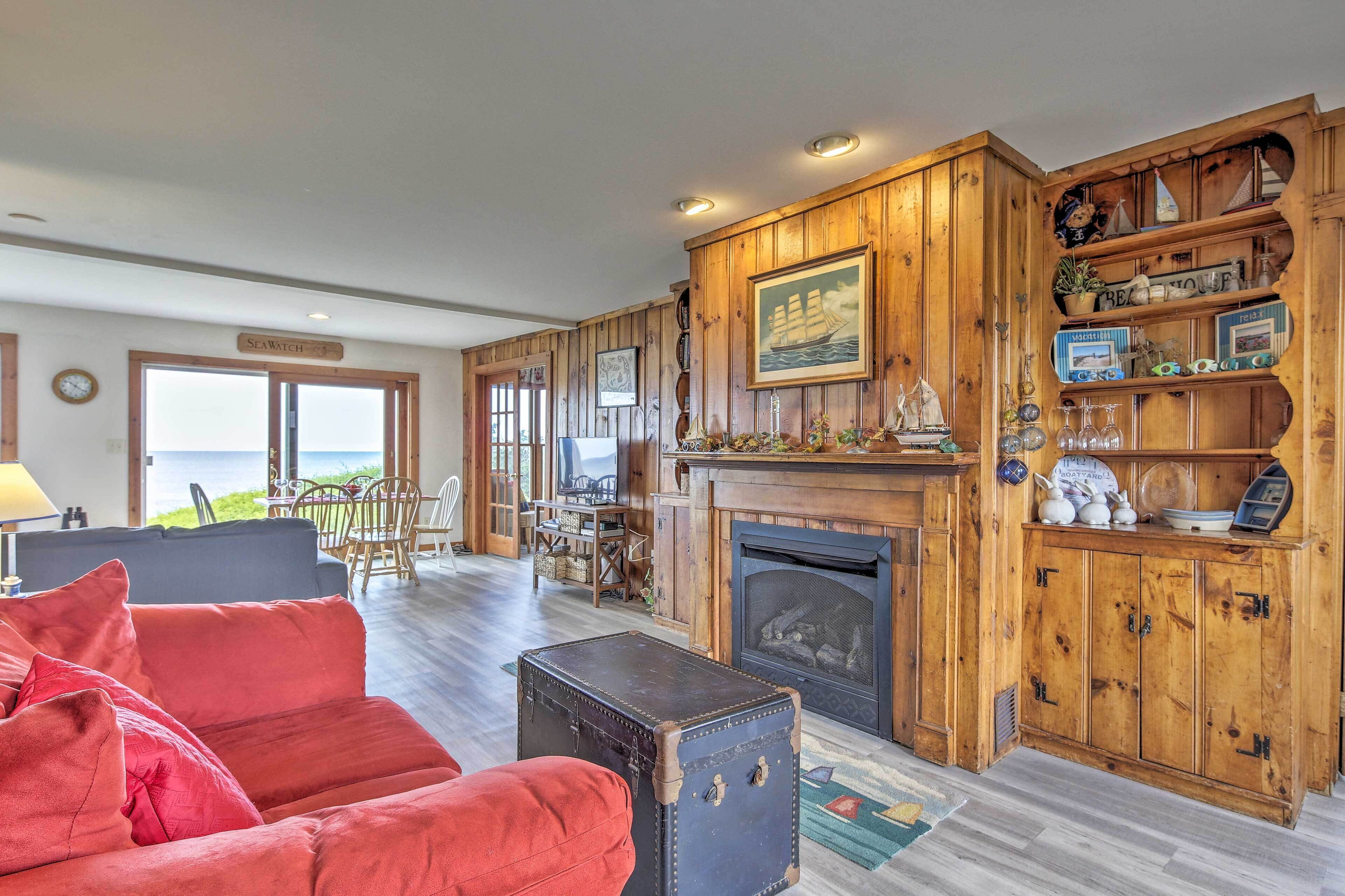 TV, fireplace, books, smart speakers