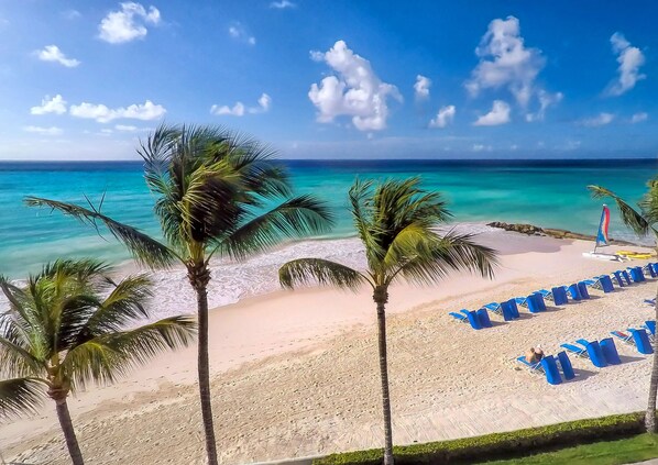 Una playa con agua turquesa cristalina, palmeras y sillas de descanso azules.