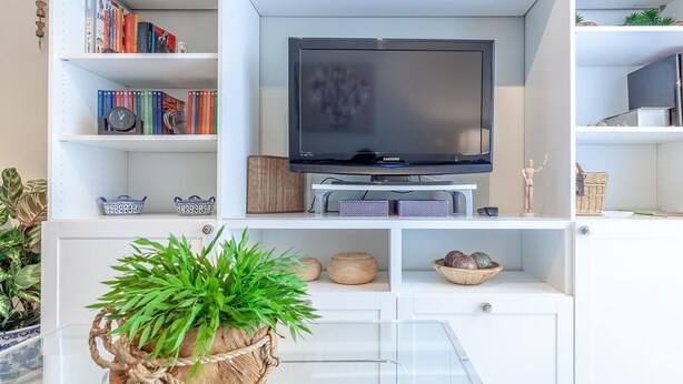 A modern living room with a flat-screen TV, bookshelves, decorative items, and a hanging plant. - Quiet and elegance in the Andalusian capital 4 px-WIFI (Sevilla)
