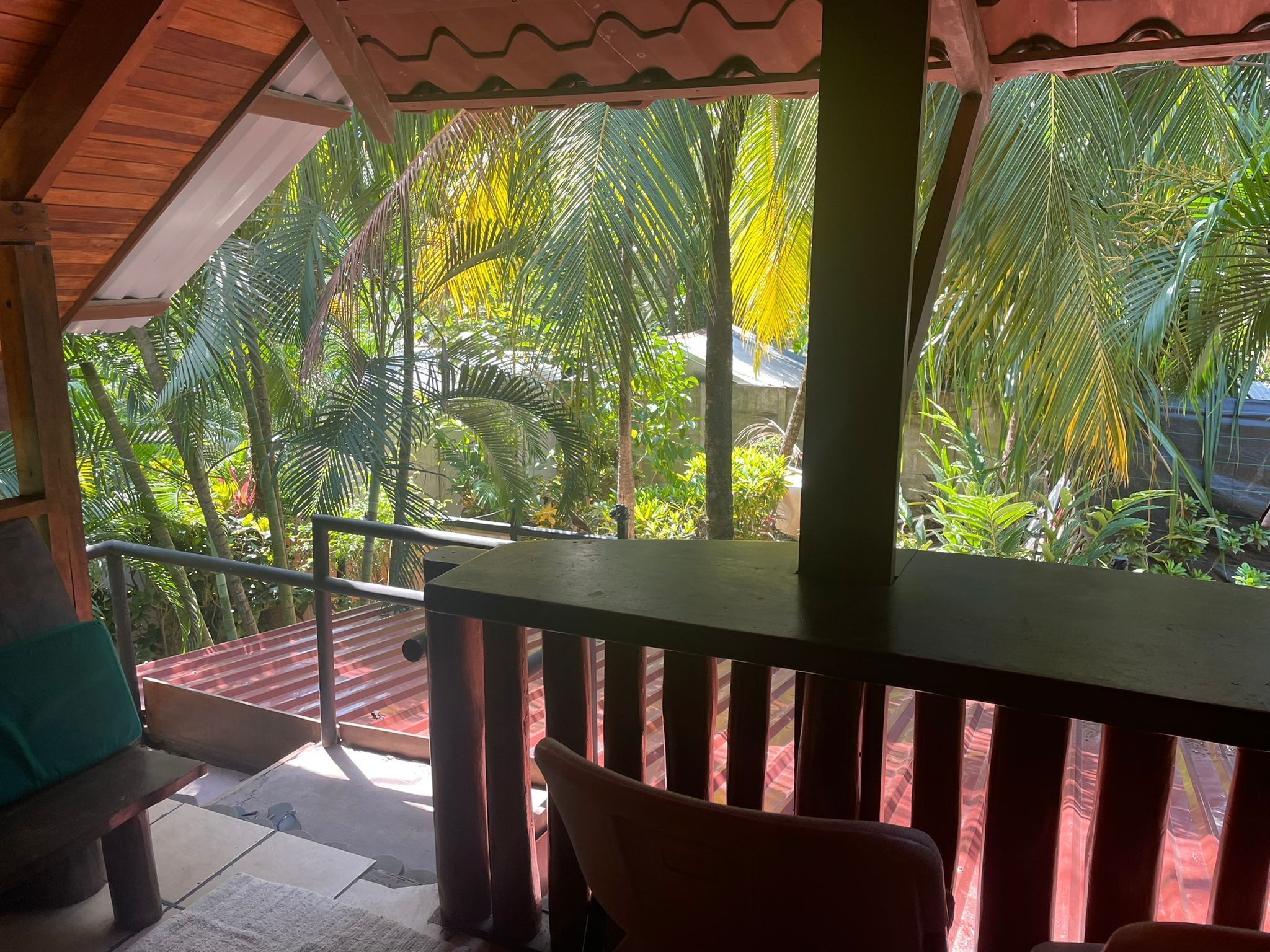 Un espacio al aire libre techado con un banco de madera y una mesa, rodeado de abundante vegetación y palmeras.