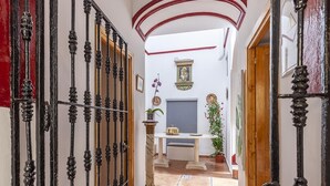 A narrow hallway with a tiled floor, a wooden door on the right, and a metal gate on the left. There is a small table with a plant and a decorative item in the center of the hallway. - HOUSE OF LIGHT apt 1 -Elegant Old Town 3PX wifi tv ac (Sevilla)