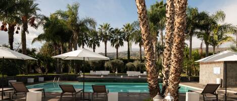 A poolside area with lounge chairs, umbrellas, and palm trees.