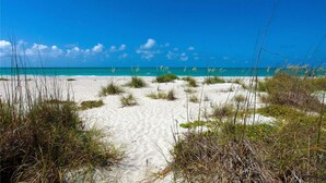 A beach with white sand and sparse vegetation. - Tailwind South: Beautiful 3 bedroom across the street from Beach! (Placida)