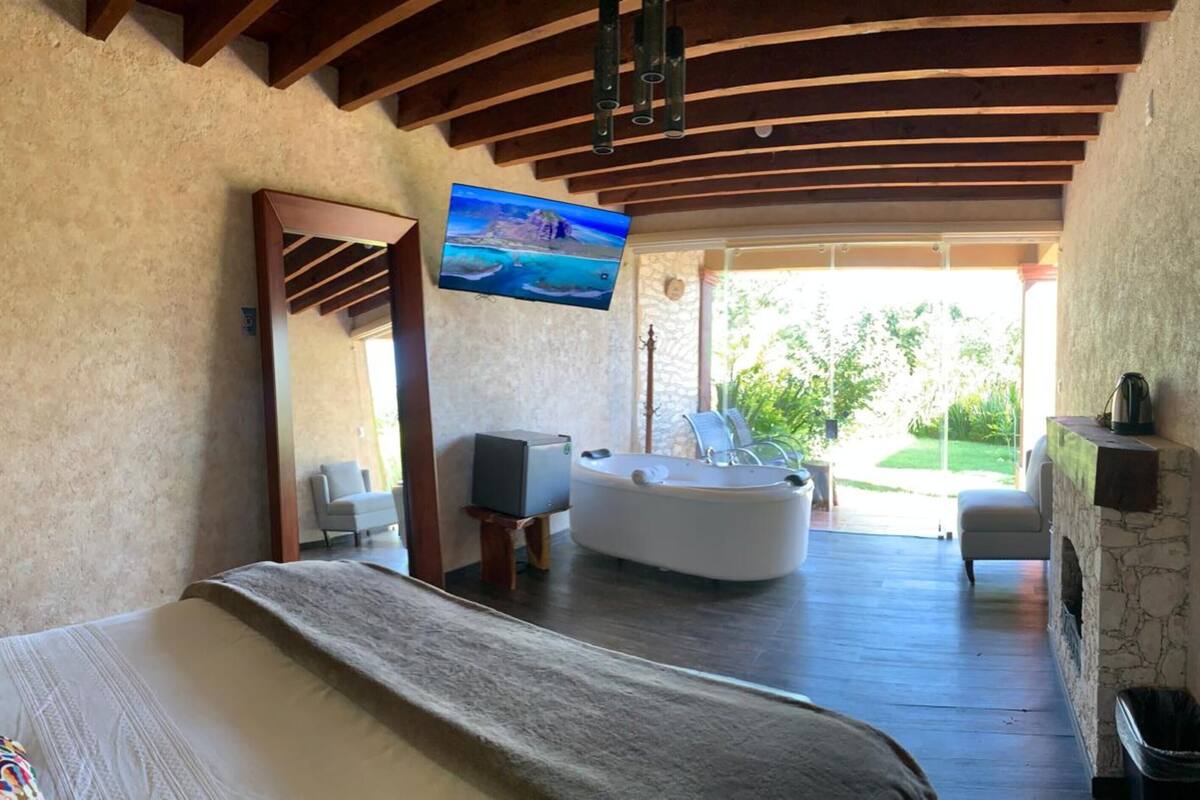 A bedroom with a bed, a TV, a hot tub, and a view of the outdoors.