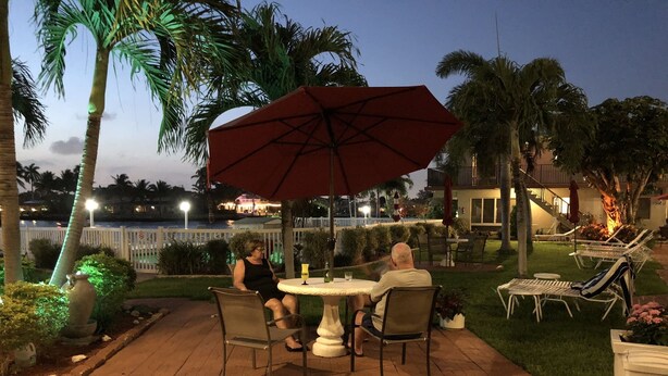 En udendørs terrasse med et rundt bord, stole, en stor parasol og palmer.