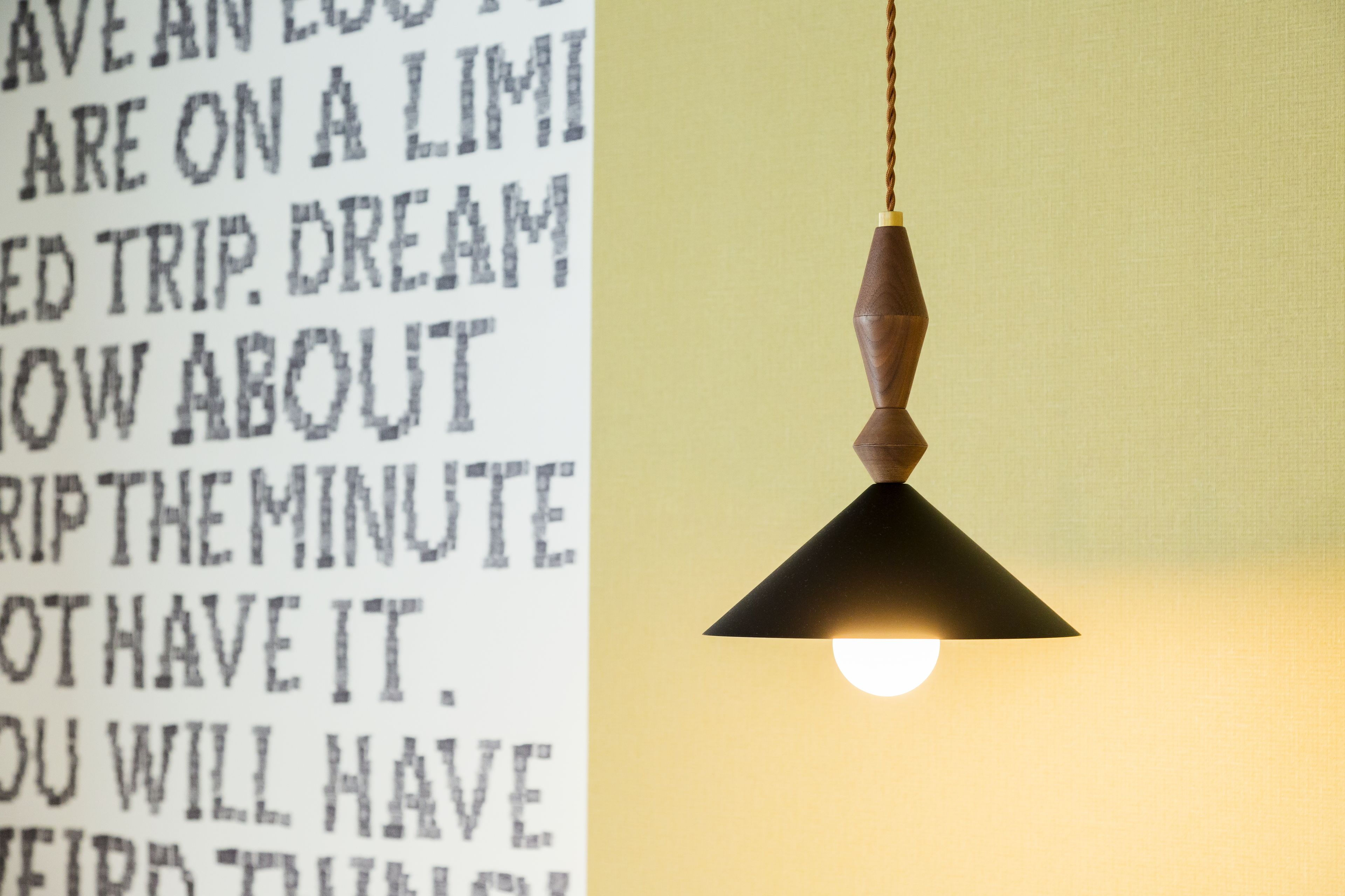 A hanging pendant light with a visible bulb.