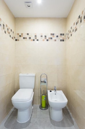 Regadera, secadora de cabello, bidet, toallas