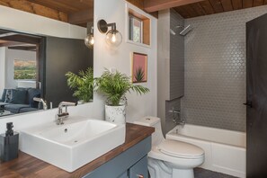 Combined shower/tub, hair dryer, towels, soap