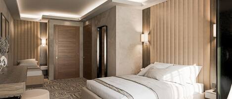 Una habitación de hotel moderna con una cama grande, un escritorio, una silla y un armario.