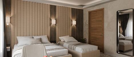 A hotel room with a bed, a sofa, a small table with fruit, and a mirror.