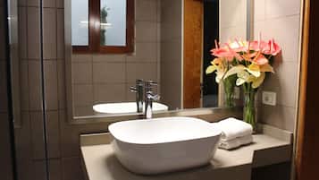 Hair dryer, towels, soap, shampoo