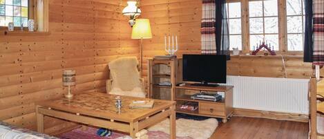 A cozy cabin interior with a wooden interior, a television, a fireplace, and a window with curtains.