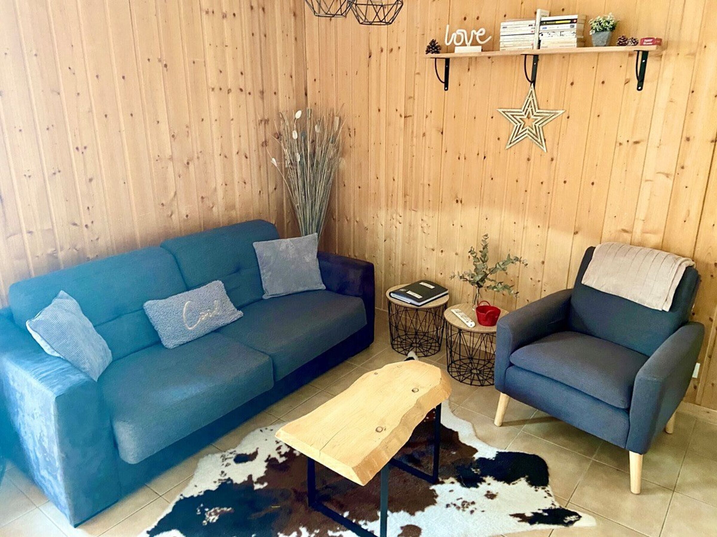 Un salon avec un canapé bleu, un fauteuil bleu, une petite table en bois, un tapis en peau de vache, une étoile décorative et une étagère avec des livres et une plante.