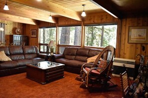 Télévision, cheminée, lecteur de DVD, livres