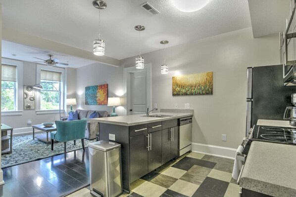 Fridge, microwave, oven, stovetop