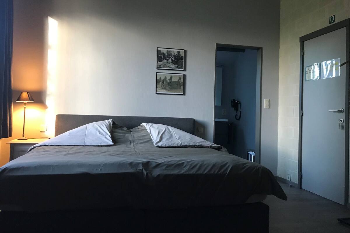Habitación de hotel con cama, mesita de noche con lámpara, dos cuadros en la pared, teléfono y una puerta.