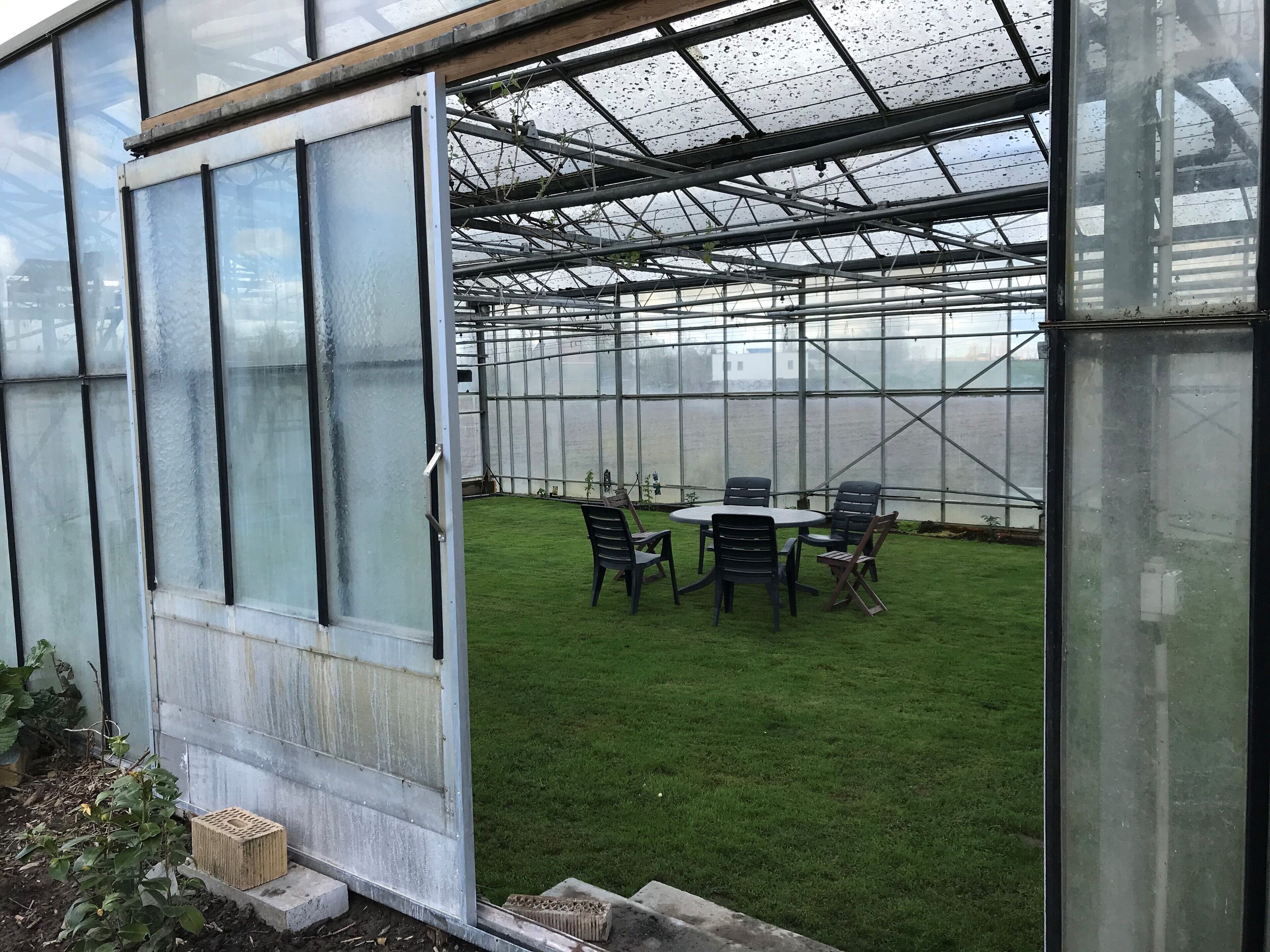 A greenhouse with a glass door, a table with chairs, and a grassy area inside.