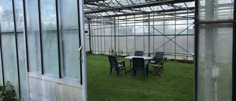 A greenhouse with a glass door, a table with chairs, and a grassy area inside.