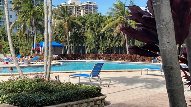 A pool area with lounge chairs, palm trees, and a building in the background.