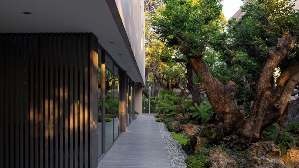 Un edificio moderno con fachada de vidrio y un sendero bordeado de árboles y rocas.