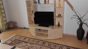 A living room with a TV on a wooden stand, surrounded by shelves with various items, a patterned rug, and a potted plant. - Apartment Bulang (Karlshagen)