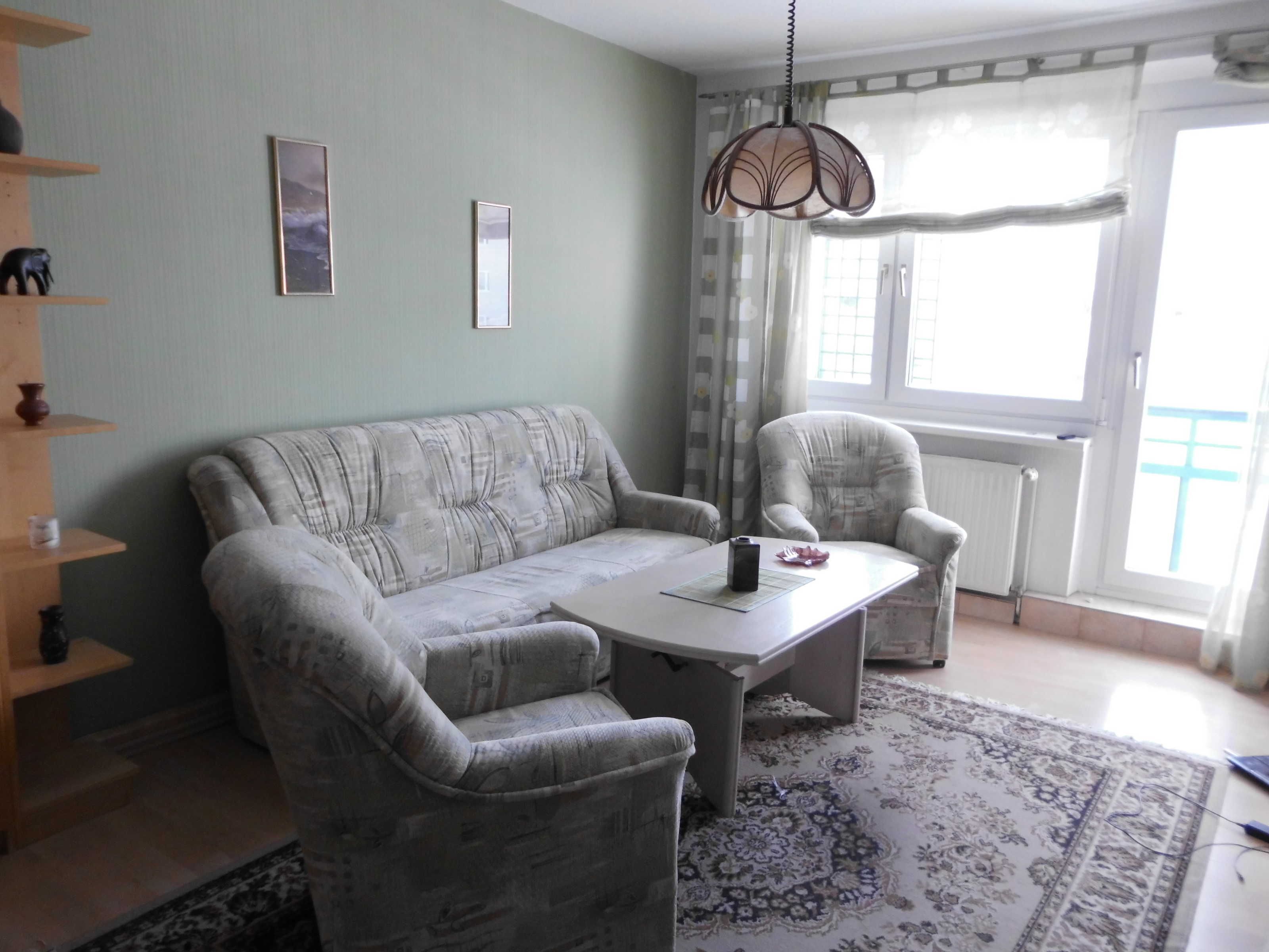 A living room with a sofa, armchair, and a table. There is a patterned rug on the floor, a ceiling light fixture, and a window with curtains.