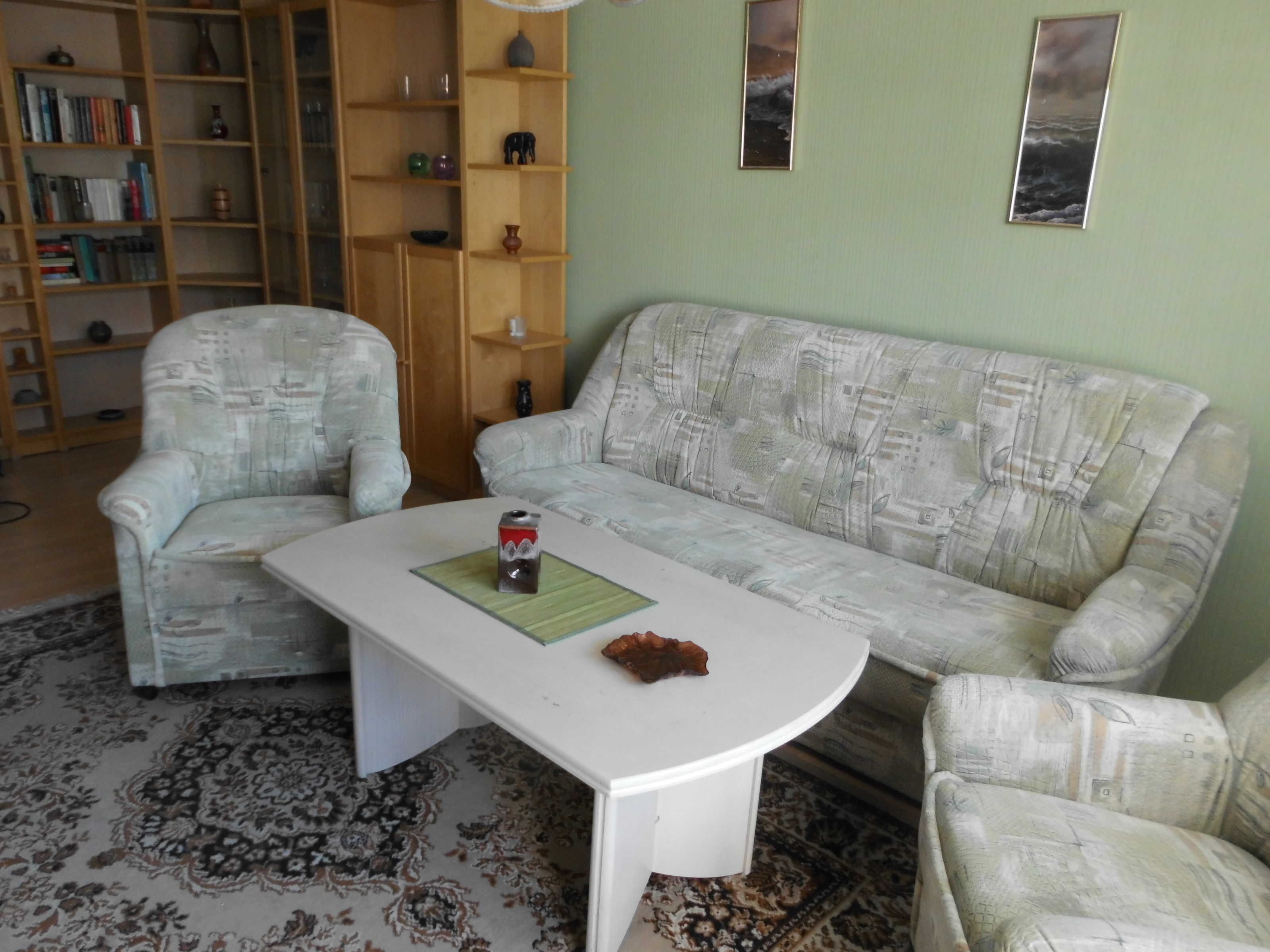 A living room with a patterned sofa, a white coffee table, and a bookshelf filled with books and decorative items.