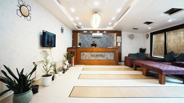 A reception area with a reception desk, a television, and several potted plants.